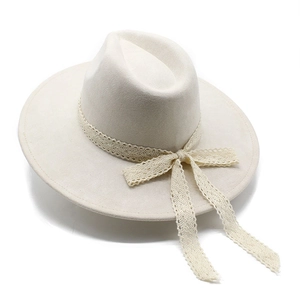 Elegant cream wide brim fedora hat with delicate lace ribbon and bow detail