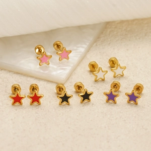Star Stud Earrings Stainless Steel Enamel 18K Gold Plated Screw Back Minimalist Pentagram Piercing Jewelry For Women