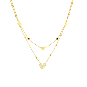 Double-layered gold stainless steel heart necklace with black gemstones and mother-of-pearl