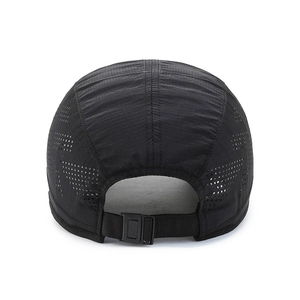 Men's black quick-dry sport cap with laser-cut vents and adjustable strap back