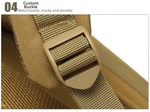 Close-up of durable tactical backpack buckle and adjustable nylon strap detail