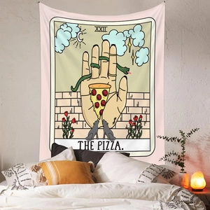 Detail view of The Pizza tarot tapestry showing hand, snake and grey wolves design