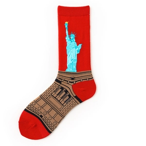 Detailed side view of crew socks featuring Liberty Statue and New York city architecture