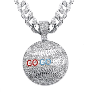 Cuban link necklace with GO GO GO baseball pendant and sparkling rhinestones