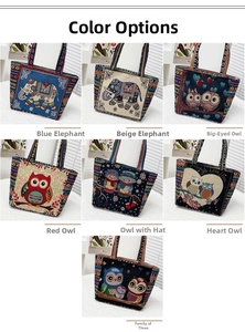 Collage of canvas tote bags with ethnic elephant and owl embroidery patterns