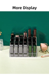 Macro view of clear acrylic lipstick organizer with 24 compartments and tiered structure