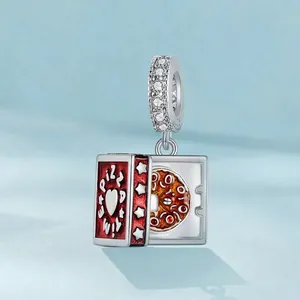S925 sterling silver pizza box charm with red enamel and sparkling zircon accents
