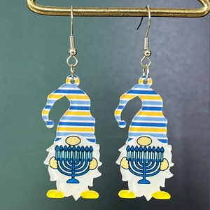 Hanukkah acrylic drop earrings featuring festive gnome with candle and blue striped hat