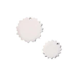 Polished stainless steel flower pendants in two sizes with sunburst pattern on white background