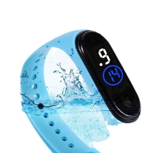 Waterproof M4 LED digital watch for men and women with blue silicone strap in splashing water