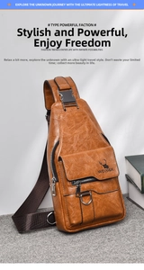 Detail view of vintage brown leather sling bag with adjustable strap and metal hardware