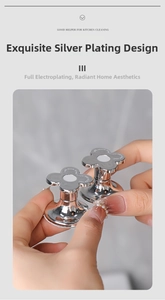 Macro detail of a silver clover-shaped toilet press button with a polished mirror finish