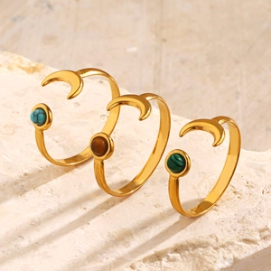 Adjustable stainless steel gold moon rings set with turquoise, malachite and tiger eye stones
