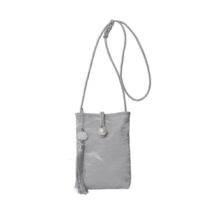 Gray textured crossbody phone bag for women with woven strap, pearl button and tassel