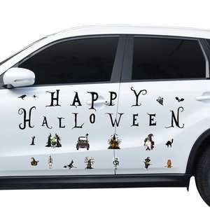 Detail showing Happy Halloween magnetic stickers and spooky icons on white car door