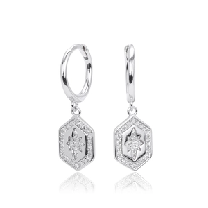 Elegant S925 sterling silver hoop earrings with zircon-inlaid star hexagon pendants