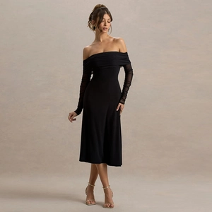 Elegant black off-shoulder dress with sheer mesh long sleeves for formal autumn occasions