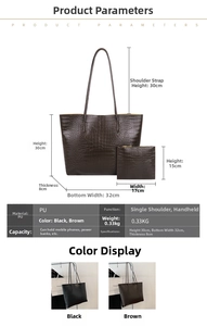 Detailed size specifications of the crocodile pattern PU leather tote bag set