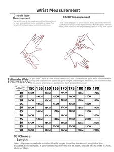 Size guide with wrist measurement instructions and estimation chart for tennis bracelets