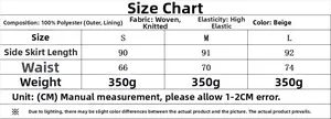 Size guide for beige V-neck knitted vest and pleated skirt set in high-stretch fabric