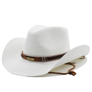 Cappello da cowboy in paglia bianca con fascia etnica e cordino regolabile