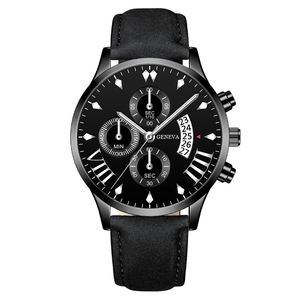 Mens Quartz Watch Leather Strap Alloy Case Fashion Business Casual Wristwatch With Calendar Three Sub Dials For Men