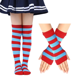 Detail of red and blue striped knitted over-knee socks and matching arm warmers