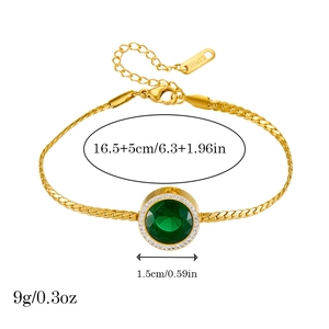 Golden stainless steel bracelet featuring a round emerald pendant with diamond accents