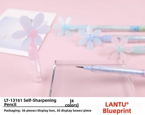 Macro view of flower-shaped stackable pencils in pastel colors on acrylic stands