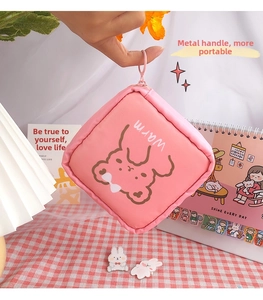 Pink cartoon bear sanitary pouch with zipper closure and portable metal handle ring