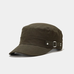 Detail of dark olive cotton military cap featuring side strap with silver metal buckle