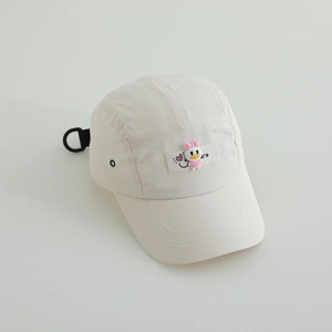 Detail of breathable beige outdoor kids hat featuring a cute cartoon duck patch embroidery