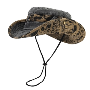 Vintage denim sun hat with large brim and newspaper print in grey and khaki