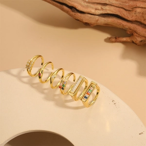 Elegant 14K Gold Plated Copper Open Adjustable Ring For Women Colorful Zirconia Double Layer Geometric Fashion Finger Jewelry