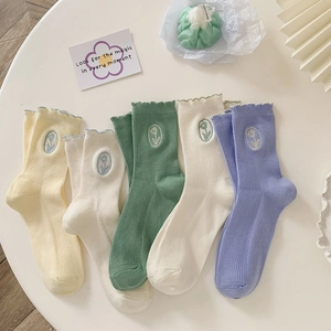 Women Mid Calf Socks Combed Cotton Tulip Embroidery Ruffled Trim Ribbed Knit Sweet Casual Breathable Soft For Daily