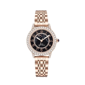 Elegant rose gold watch with rhinestone bezel and black starry sky dial for women