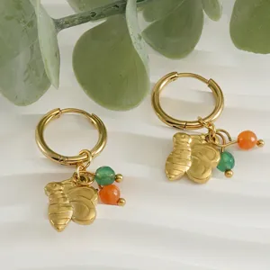 Boucles d'oreilles rétro en acier titane avec pendentif abeille et perles colorées