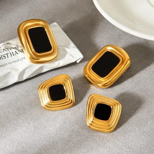 Vintage Geometric Stud Earrings Stainless Steel Black Enamel Gold Plated French Style Chic Jewelry For Women