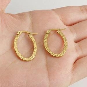 18K gold plated stainless steel oval hoop earrings with honeycomb texture for women