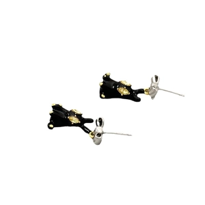Stereo black enamel cat stud earrings with yellow gemstone eyes and silver bow accents