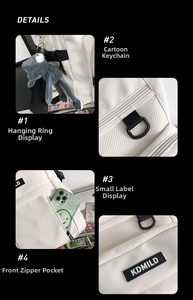 Dettaglio zaino in nylon bianco con ciondolo, anello a D, logo e tasca per lo smartphone