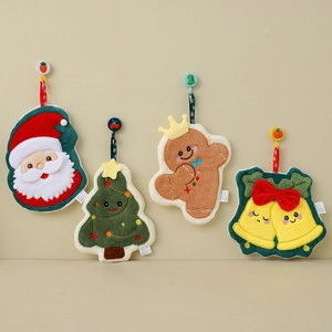 Cute Christmas coral fleece hand towels featuring Santa, tree, gingerbread man and bell