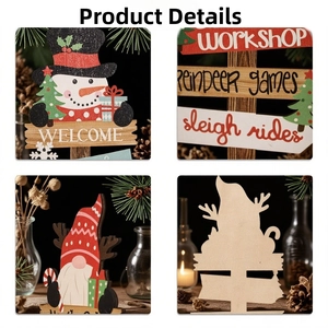 Detail of Christmas wooden snowman and gnome tabletop signs with rustic wood texture