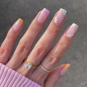 French Tip Press On Nails Square False Nail Set Daisy Flower Design Pink Orange Purple Gradient Glue On Fake Nails