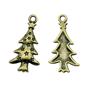 Antique bronze Christmas tree metal pendants with star embossed pattern and ring loop
