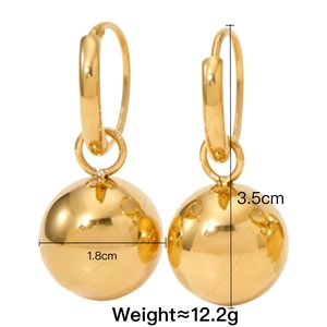 Gold stainless steel spherical drop earrings with 3.5cm height and 1.8cm diameter