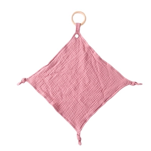 Pink cotton gauze baby security blanket with natural wood ring and knotted corners