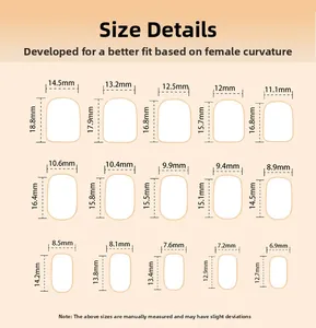Size details chart showing 15 nail piece dimensions for pink glitter press-on nails