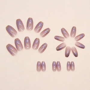 Short ballerina press-on nails with purple glitter, gradient stars and aurora meteors