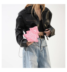 Pink Christmas tree crossbody bag with silver bead chain and reindeer graphic